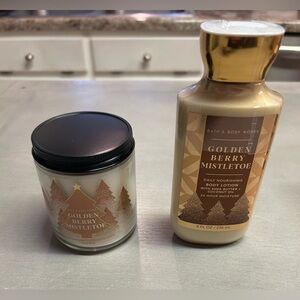 Bath and Body Works Golden Berry Mistletoe Body Lotion‎ and  Single Wick Candle